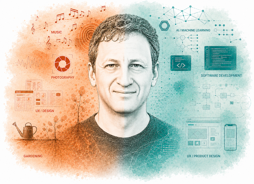 Portrait of Igor Kalennyy surrounded by a watercolor collage of his disciplines - music, photography, gardening on one side; UX, software, and AI on the other