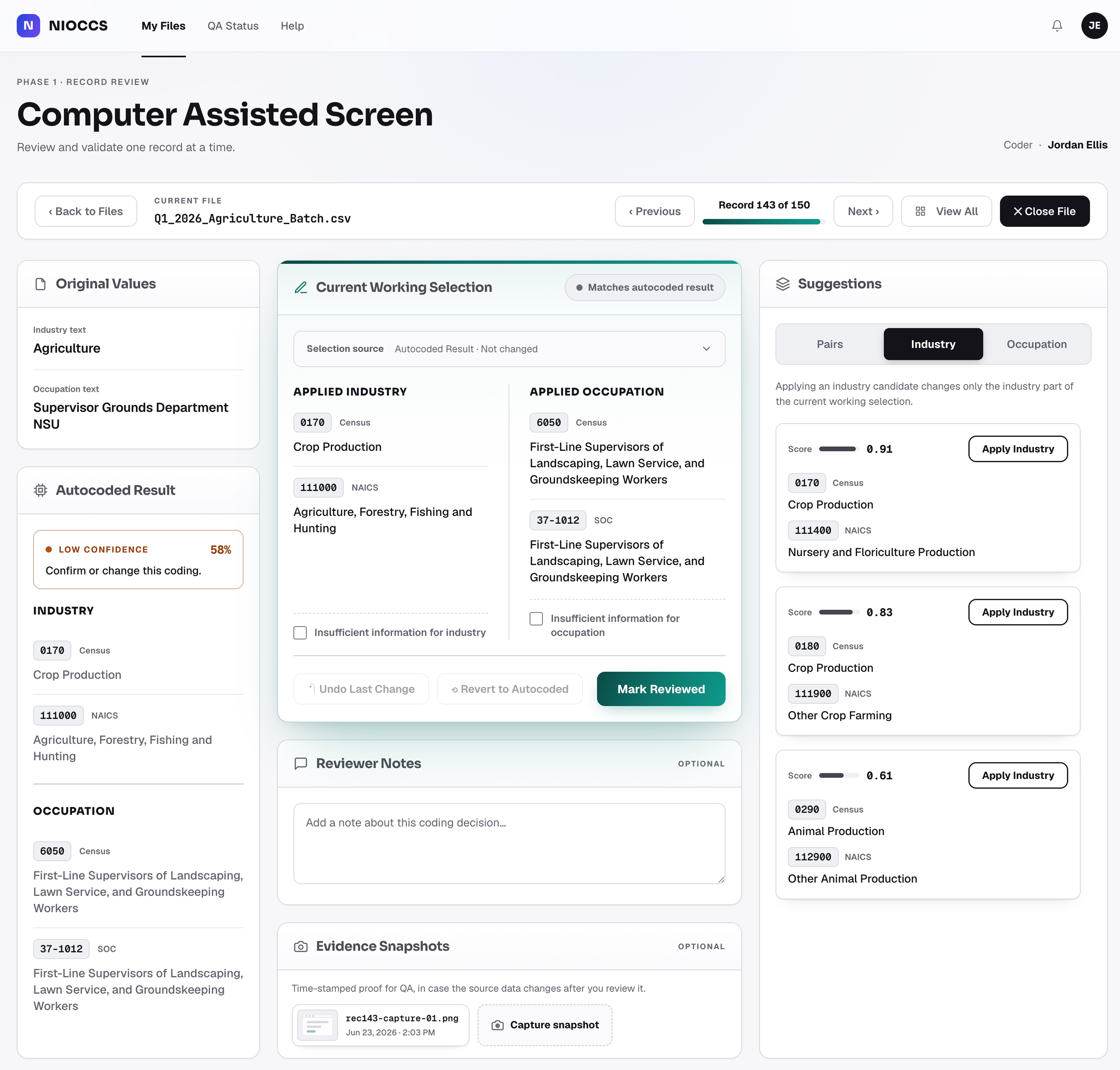 CAS - alternative industry candidates offered beside the applied code for comparison