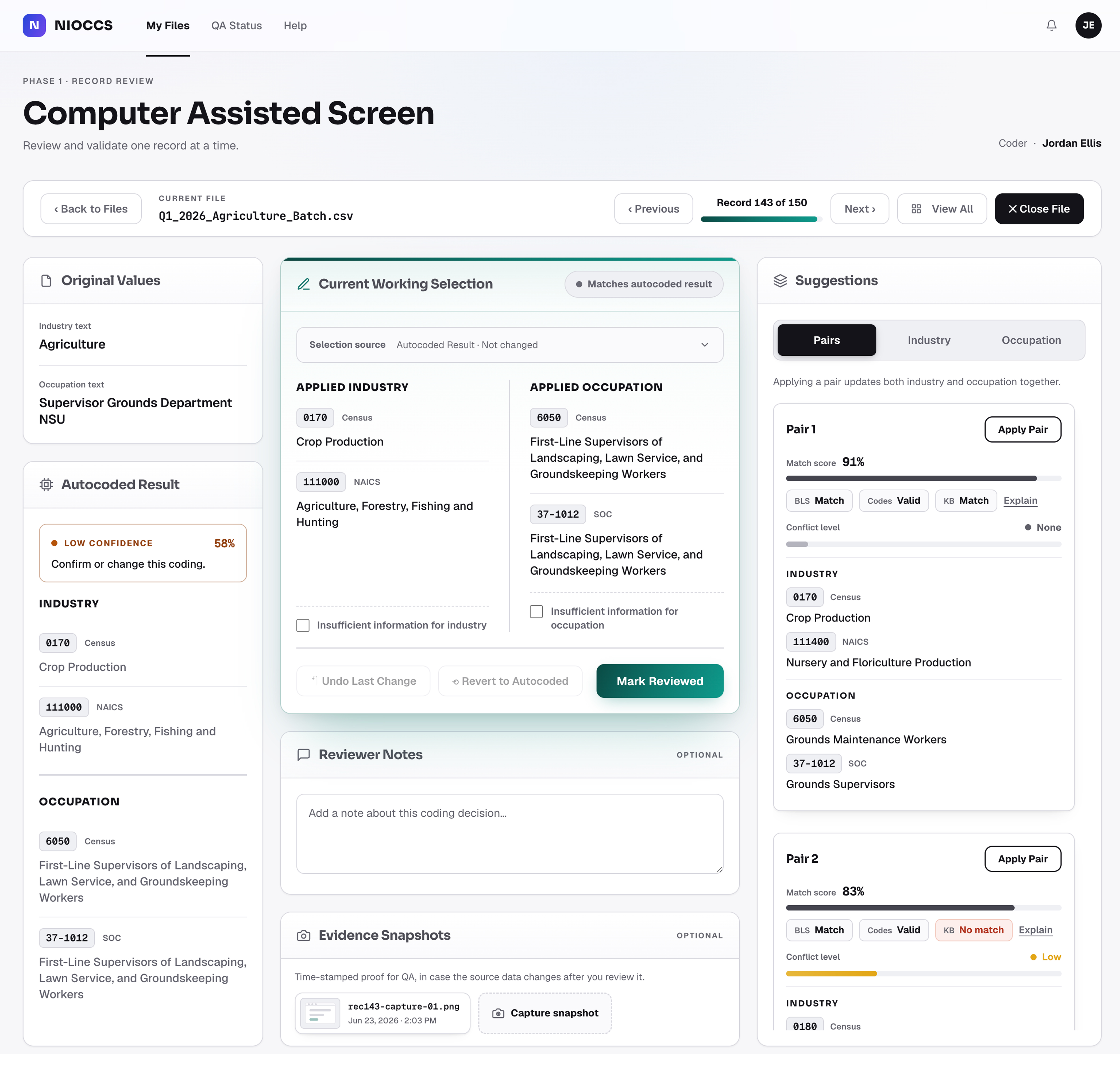 NIOCCS Computer Assisted Screen - reviewing one record's coding decision