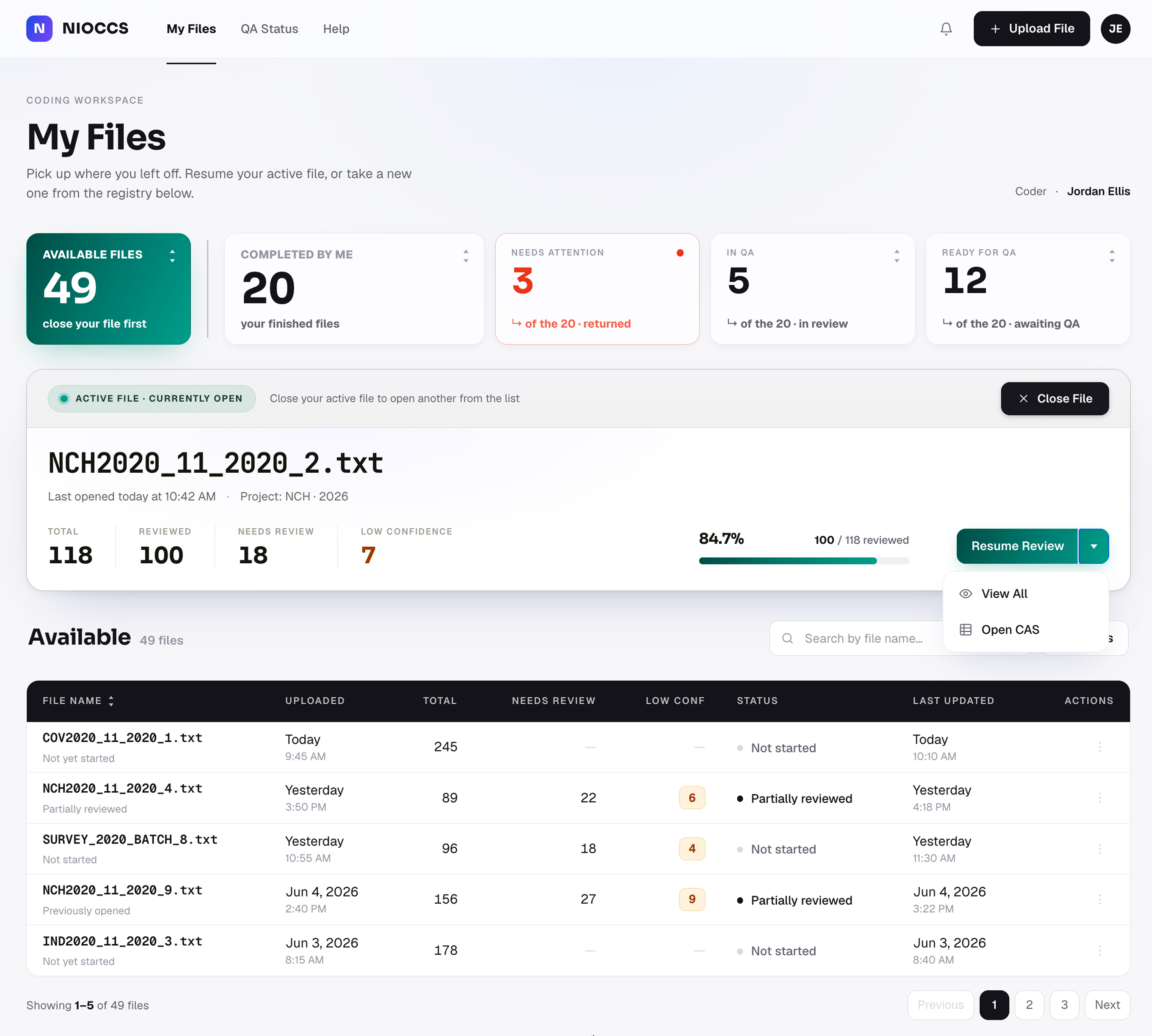 NIOCCS My Files dashboard - the coder's workspace