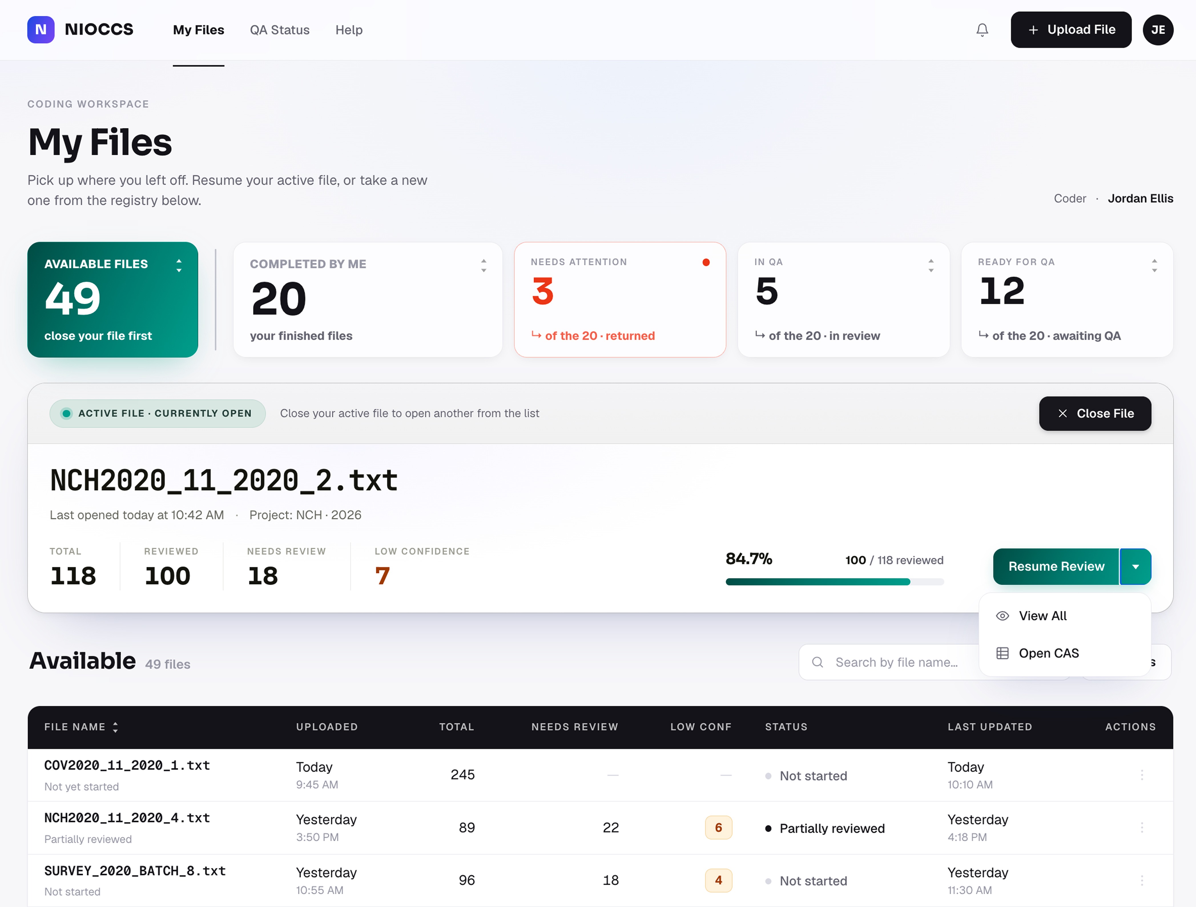 NIOCCS My Files - a coder's workspace showing the active file in progress, review stats, and a clear Resume Review action
