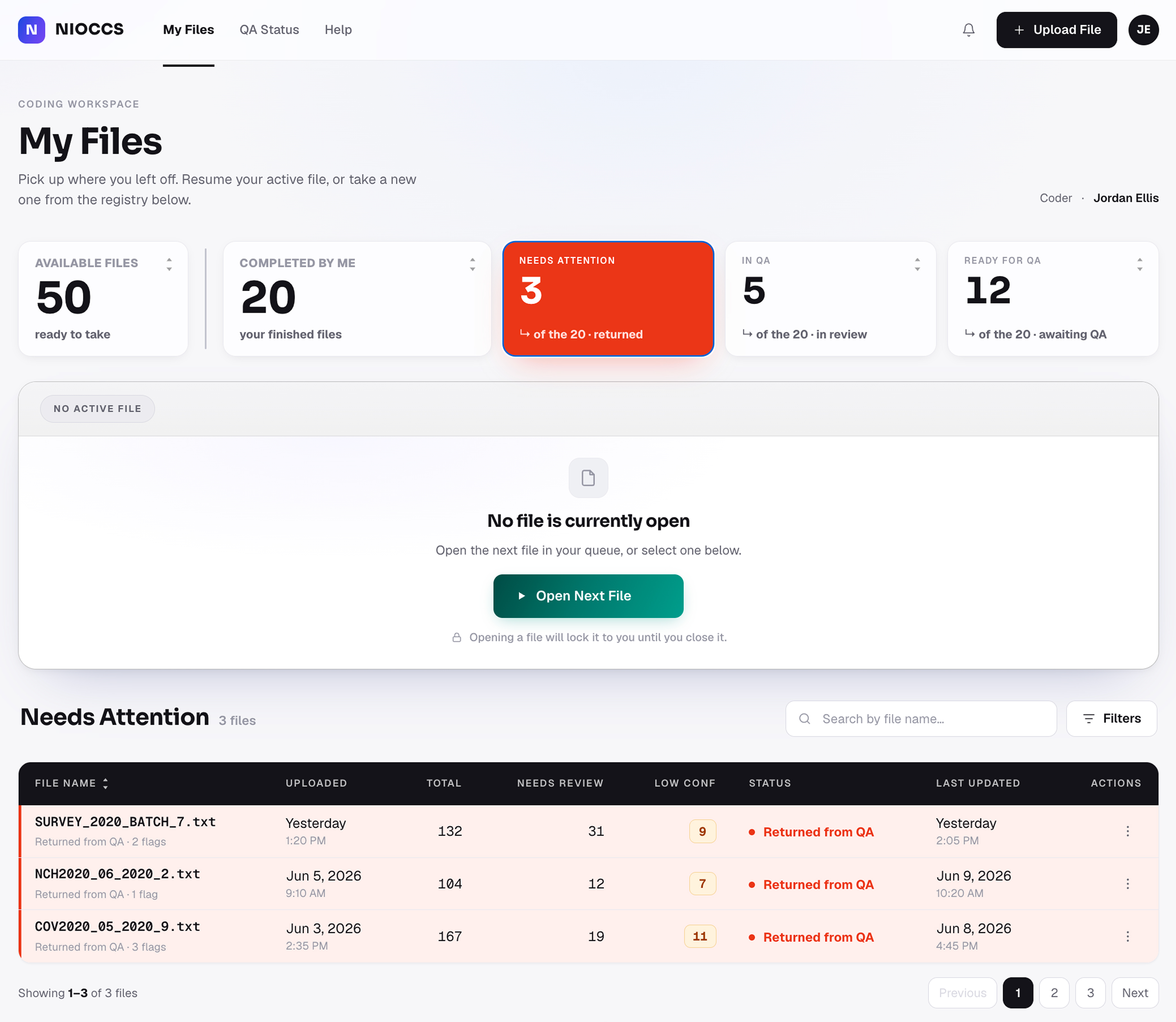 My Files dashboard - files that need the coder's attention surfaced for follow-up
