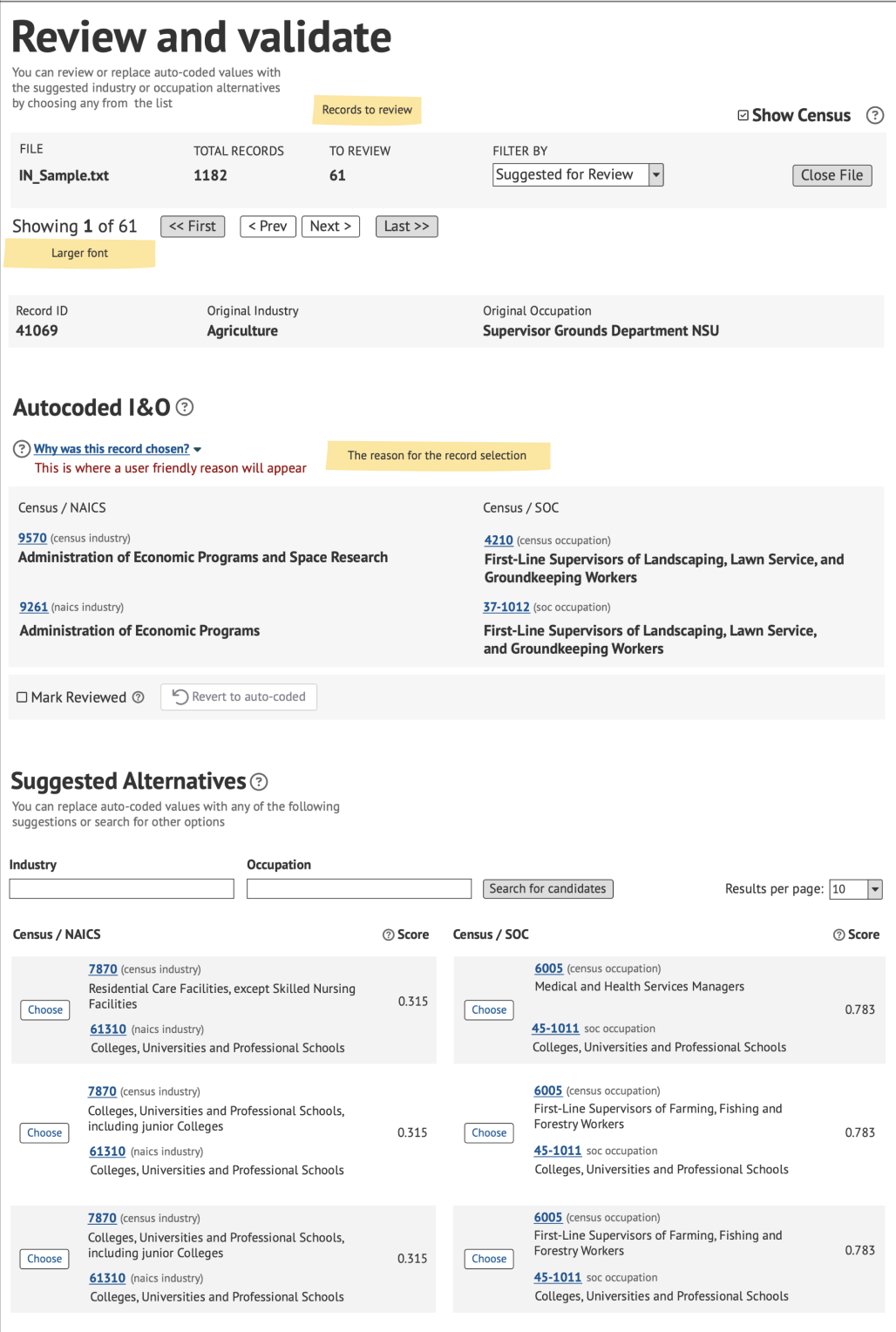 Full CAS structure - low-fidelity redesign organizing the record, coding, alternatives, signals, and review actions