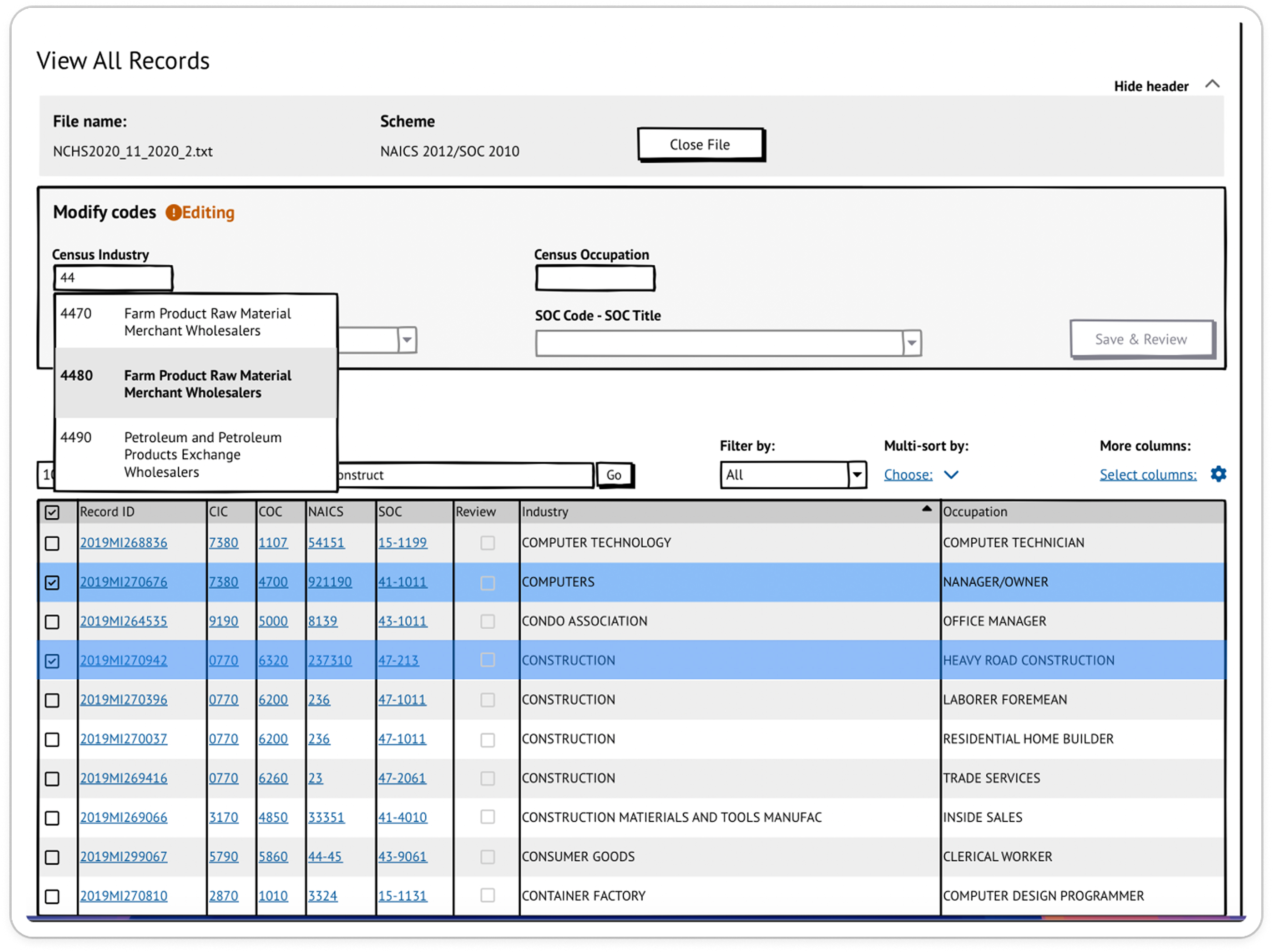 Low-fidelity redesign - a file-level correction space with multi-select, bulk editing, and sorting