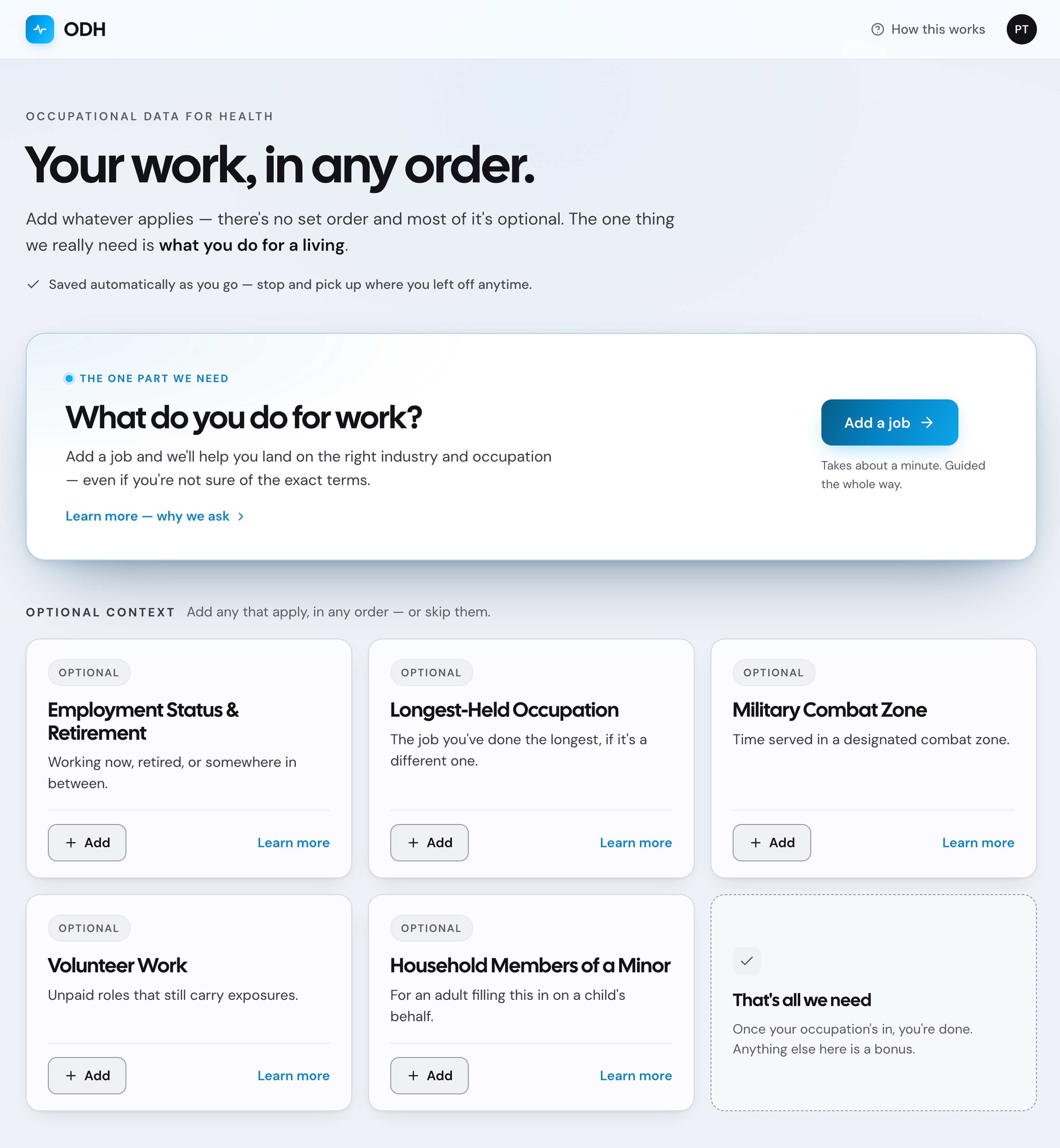 Empty Patient Work Summary, one required occupation card plus optional context cards that can be added in any order