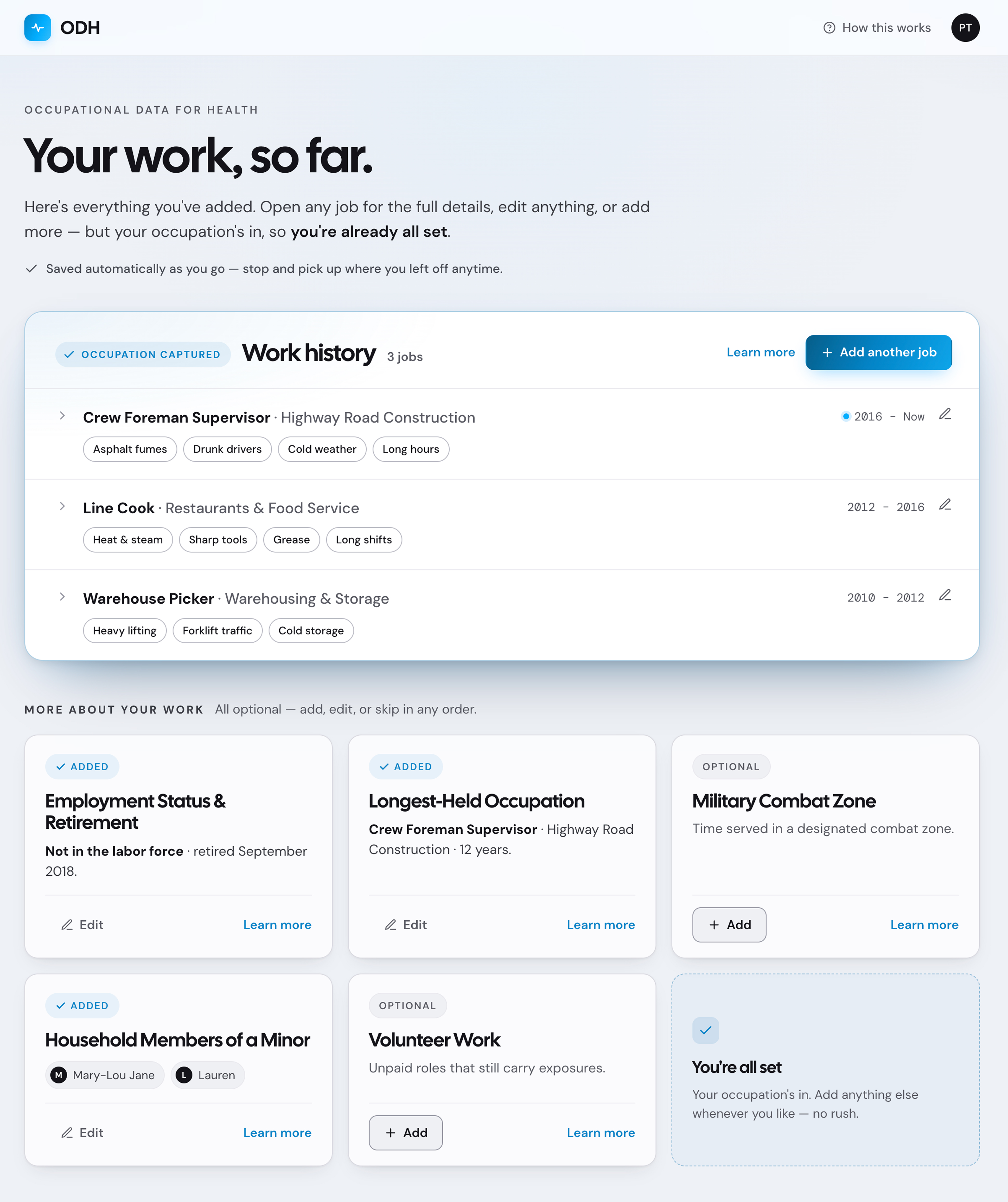ODH Patient Work Summary - work history, jobs, and auto-tagged exposures