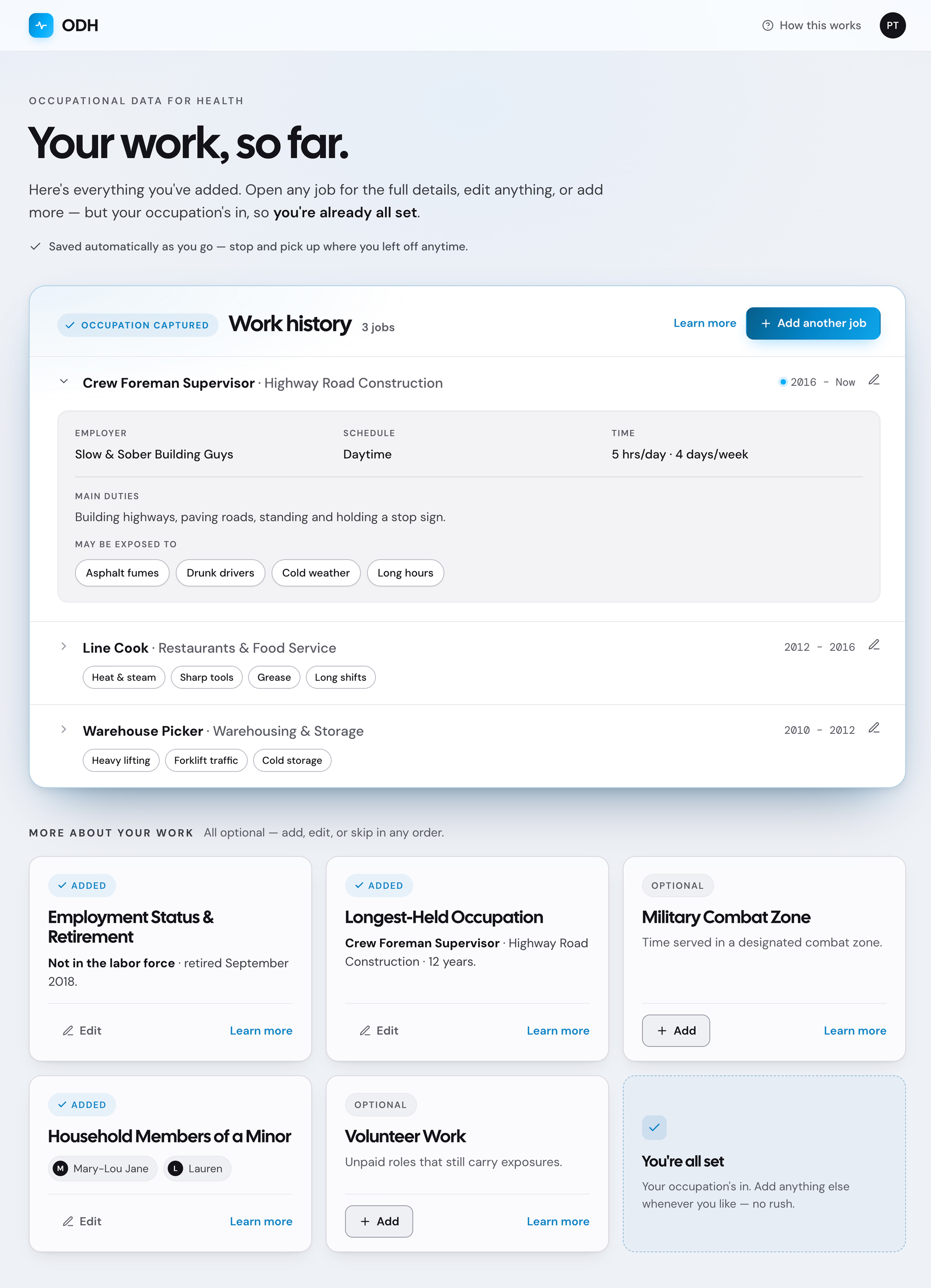 Expanded job in the Patient Work Summary, full record with employer, schedule, duties, and likely exposures