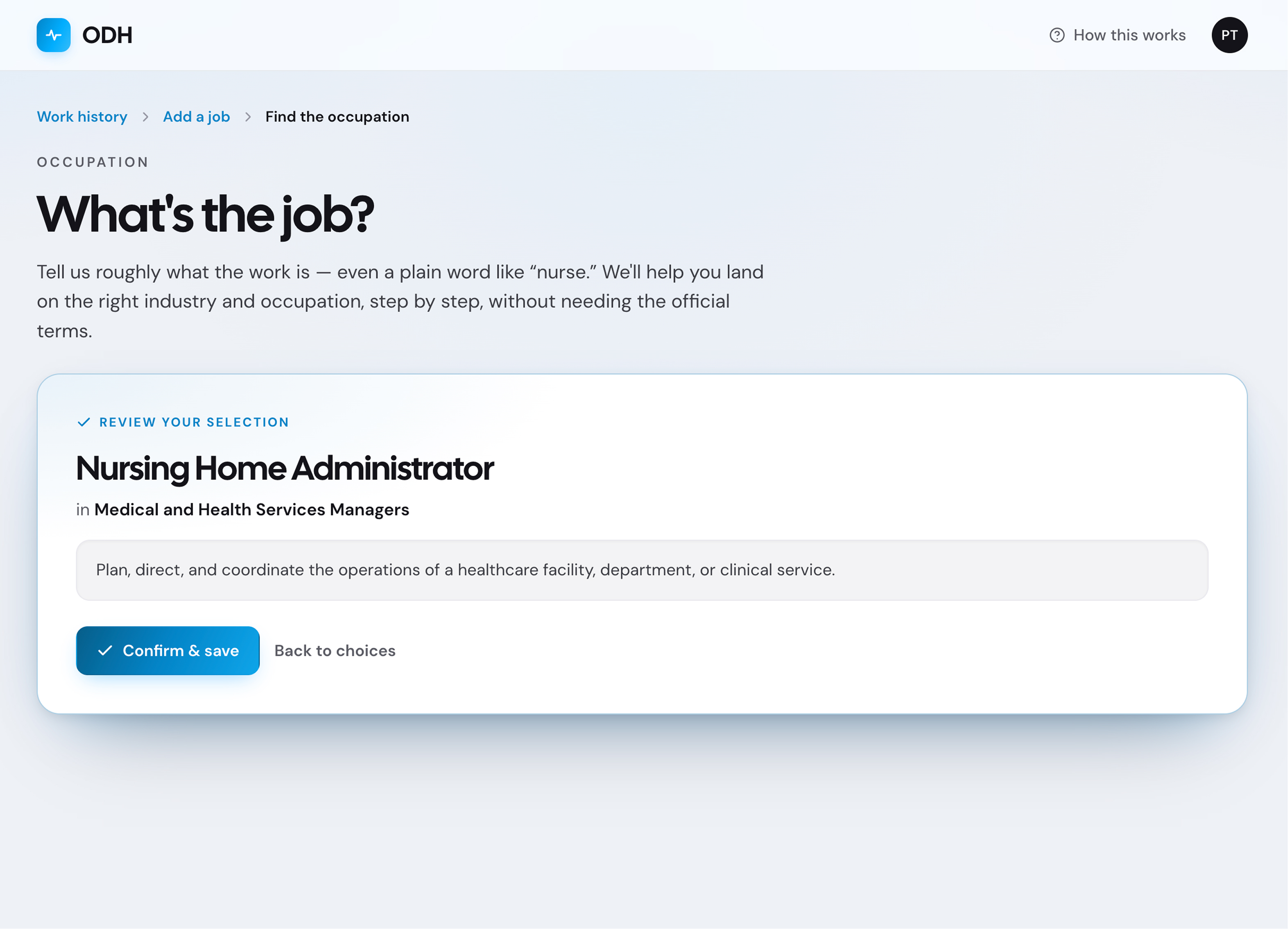 Review screen confirming Nursing Home Administrator within Medical and Health Services Managers, with Confirm and save and Back to choices actions