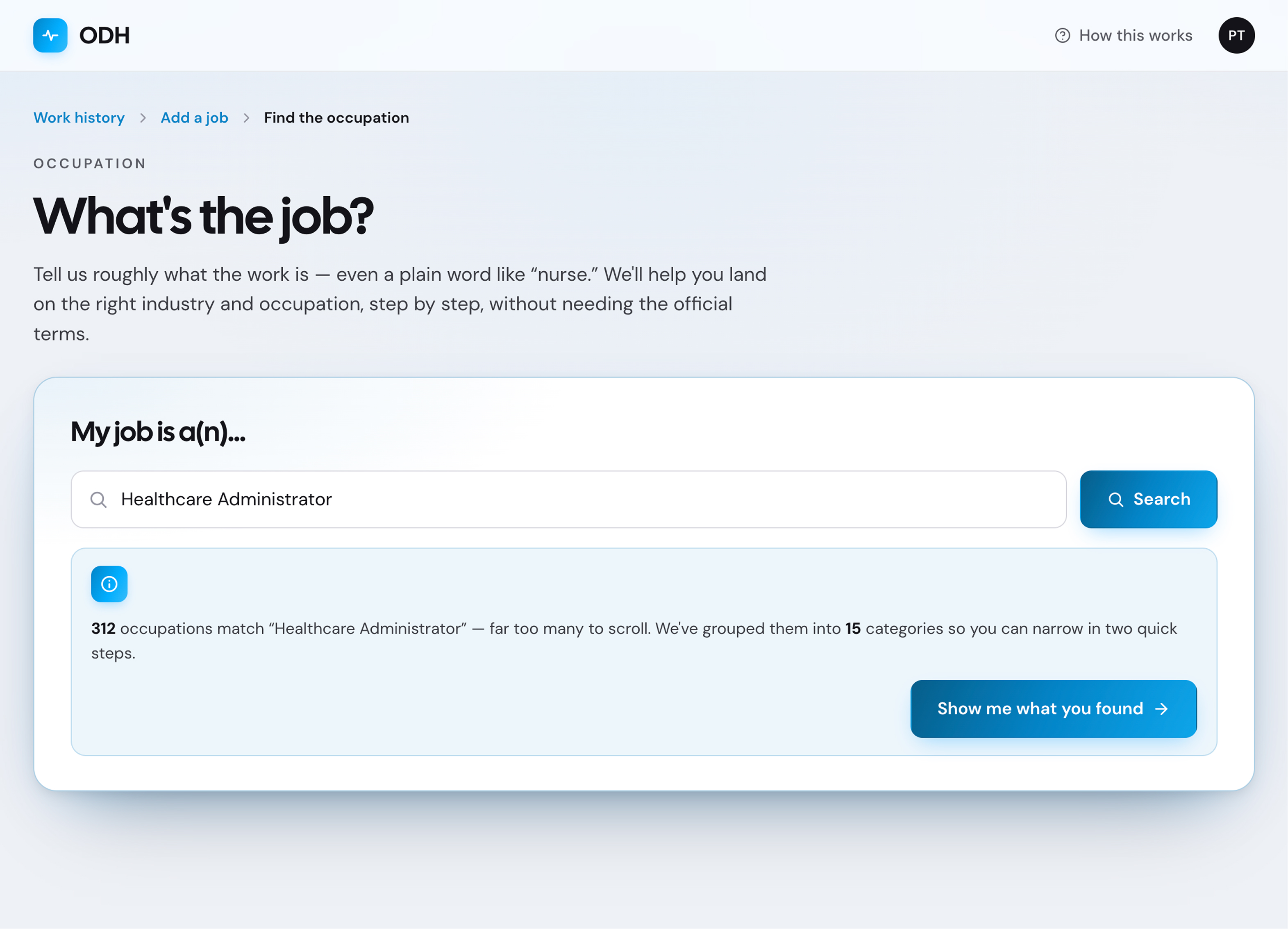 ODH occupation search - plain-language search returning grouped matches