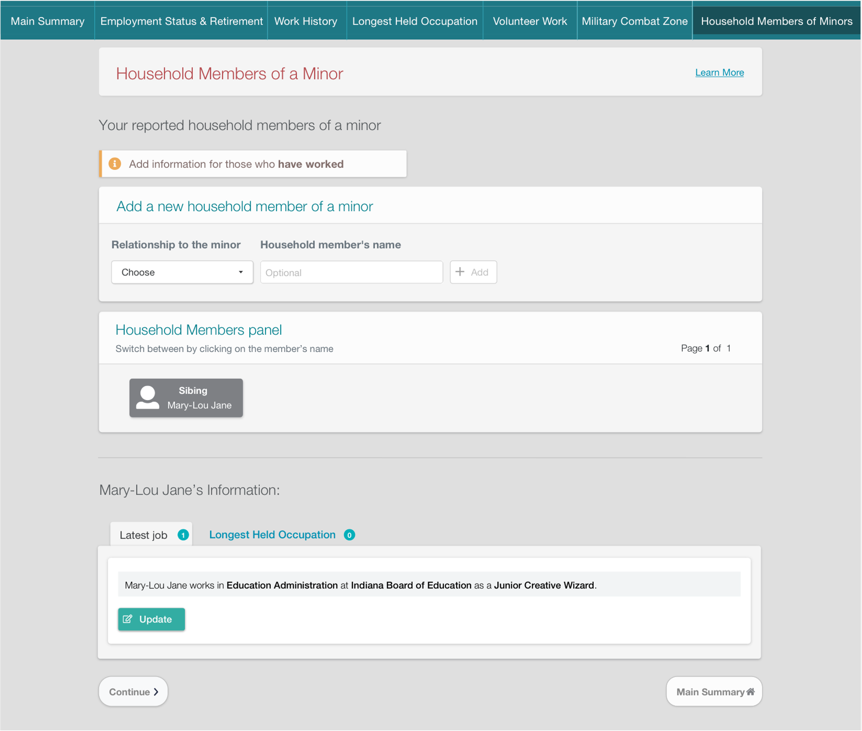 Provide Work Information — member added, work history fields revealed