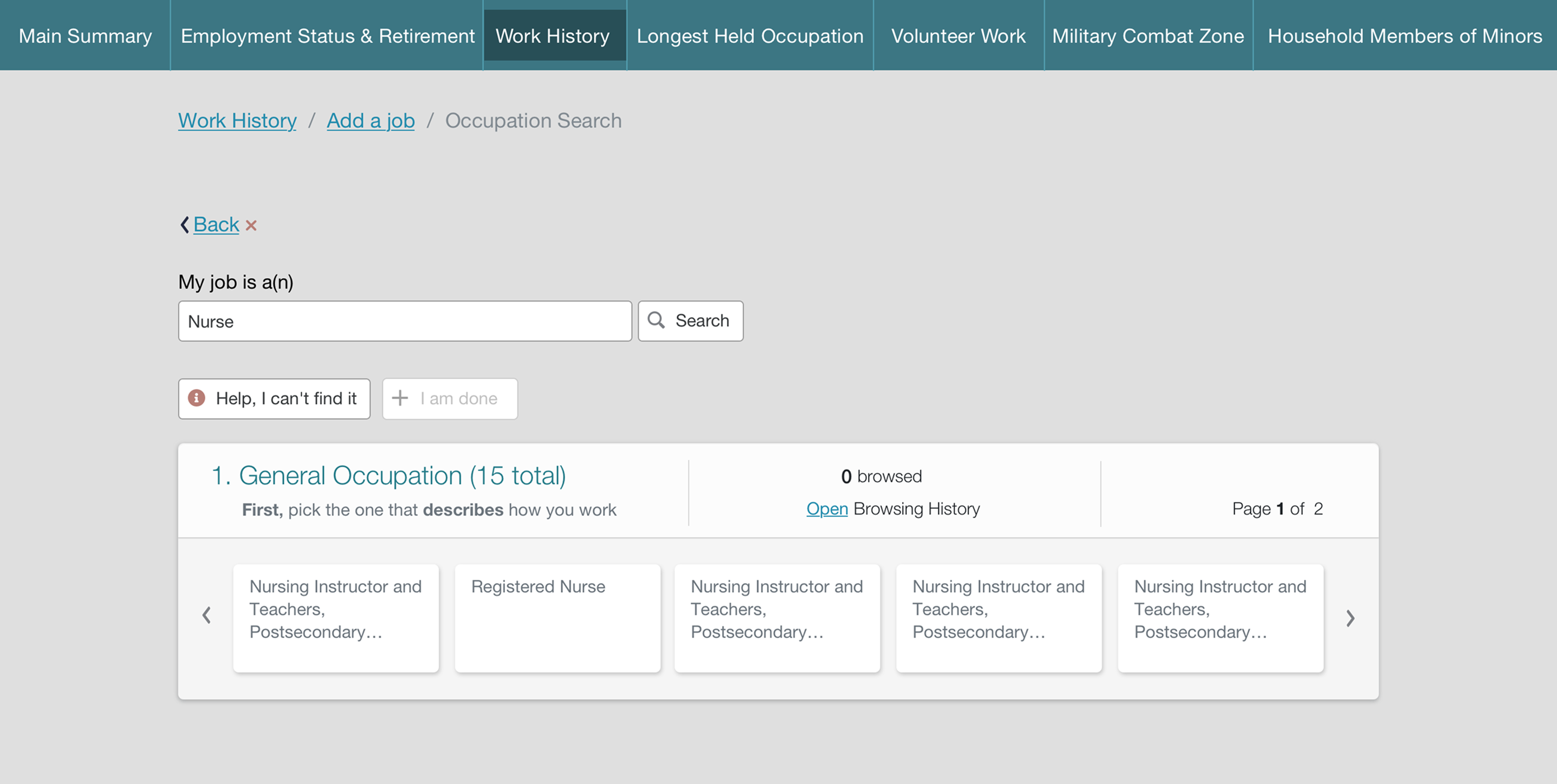 General Occupation list with carousel cards and pagination