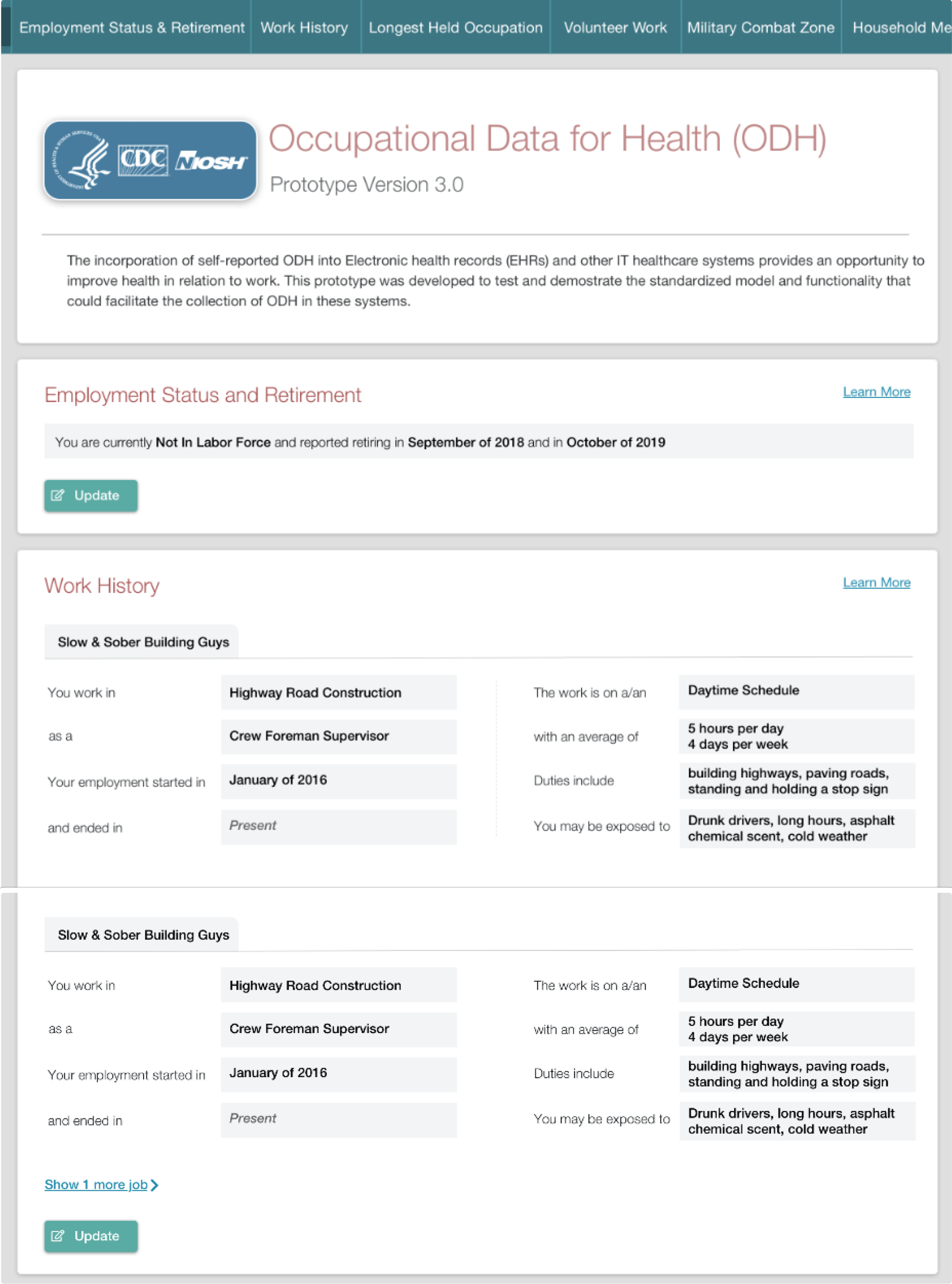 Work History section expanded with multiple jobs visible