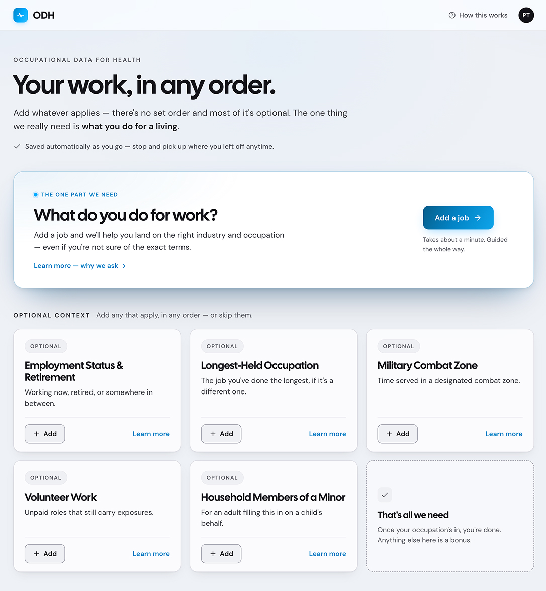 ODH Patient Work Summary, the product's main screen where occupation, work history, and exposures come together