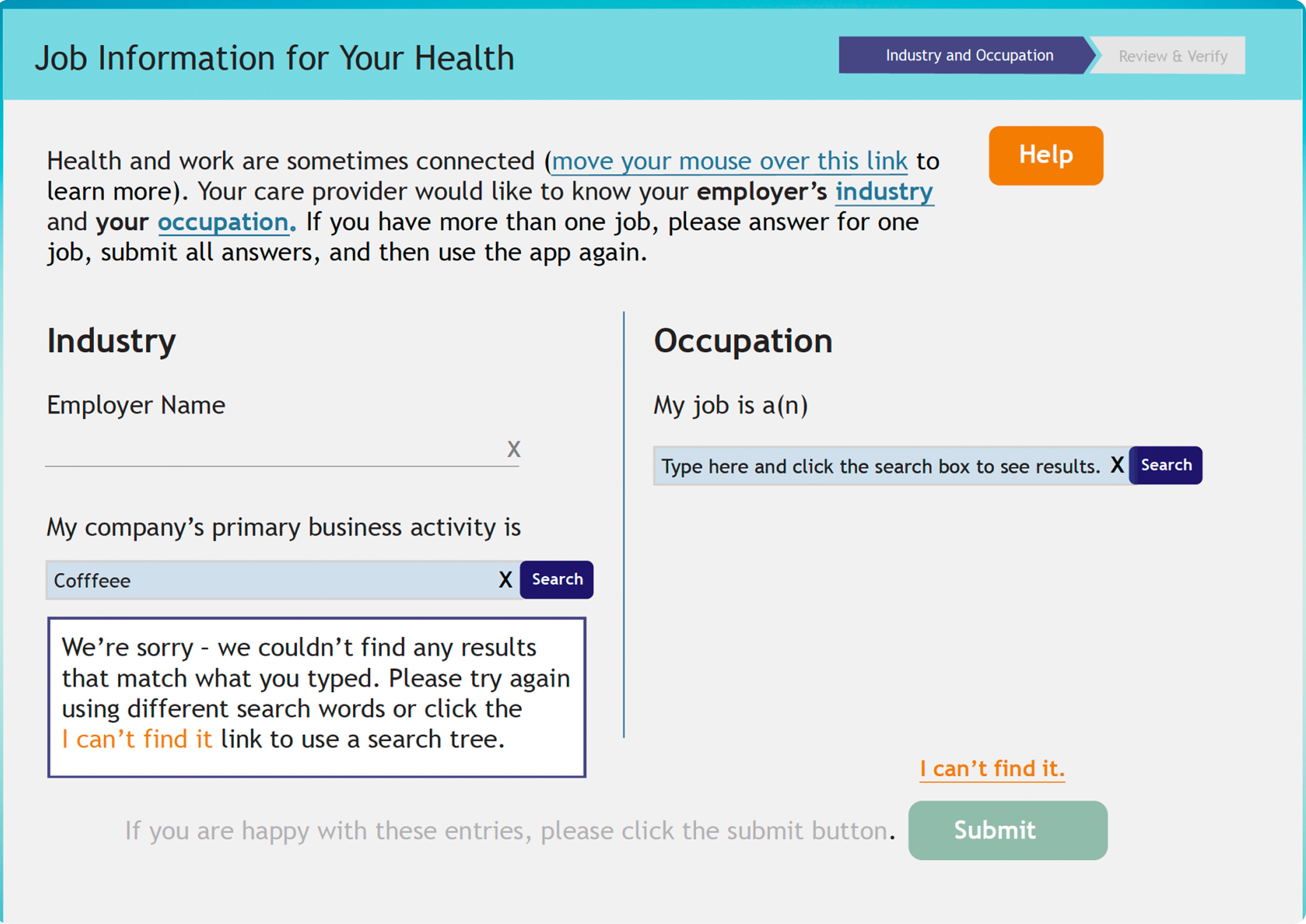 Initial prototype, free-text search returns no match, leaving the user at a dead end