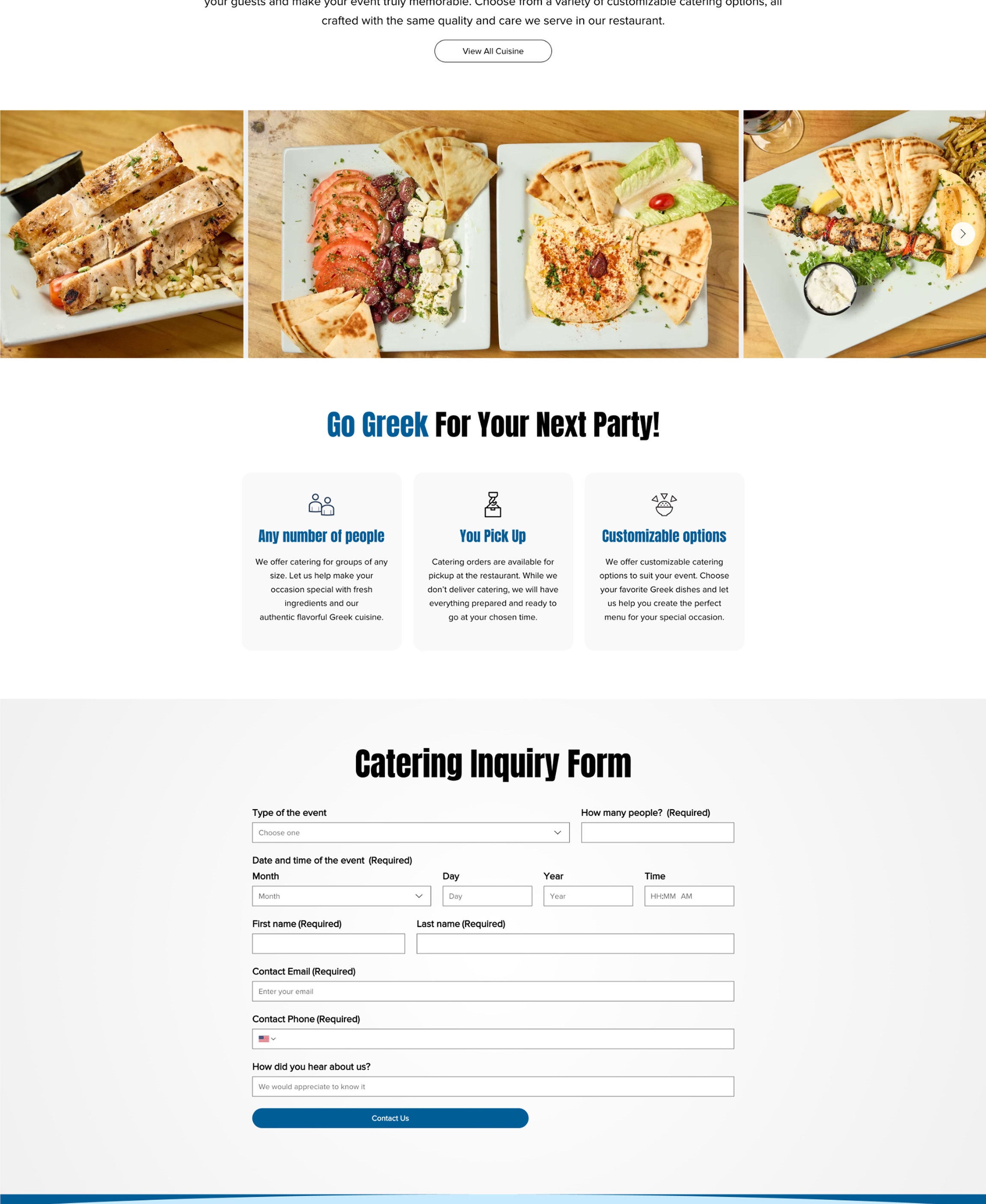 OPA catering page, a browsable gallery of catering dishes and a catering inquiry form